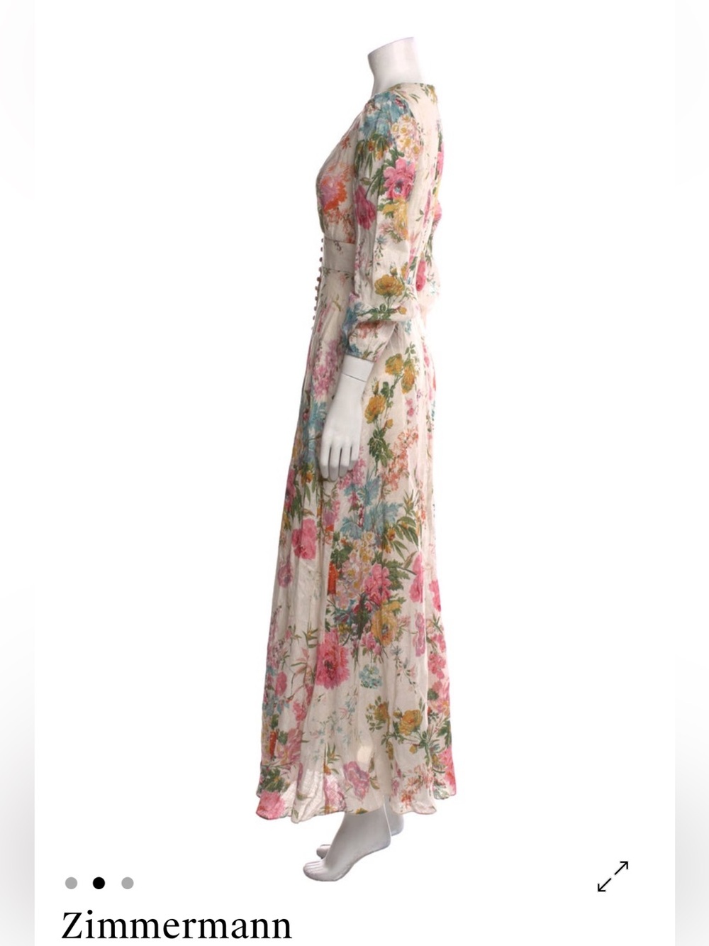 Zimmermann Cream Floral Tie-Neck Maxi Dress with Pink and Yellow Blooms - Picture 3 of 10